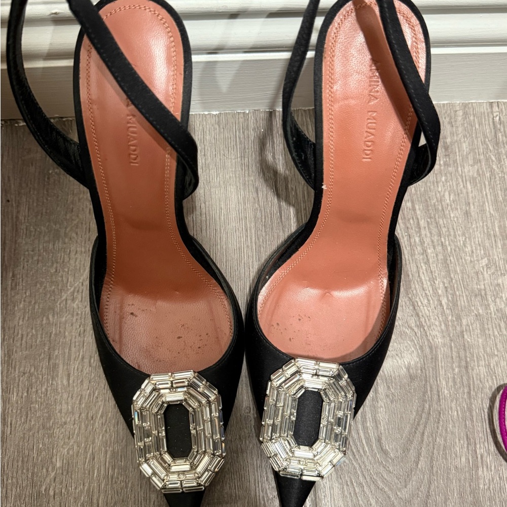 Amina Muaddi Black Heels with Silver Embellishment